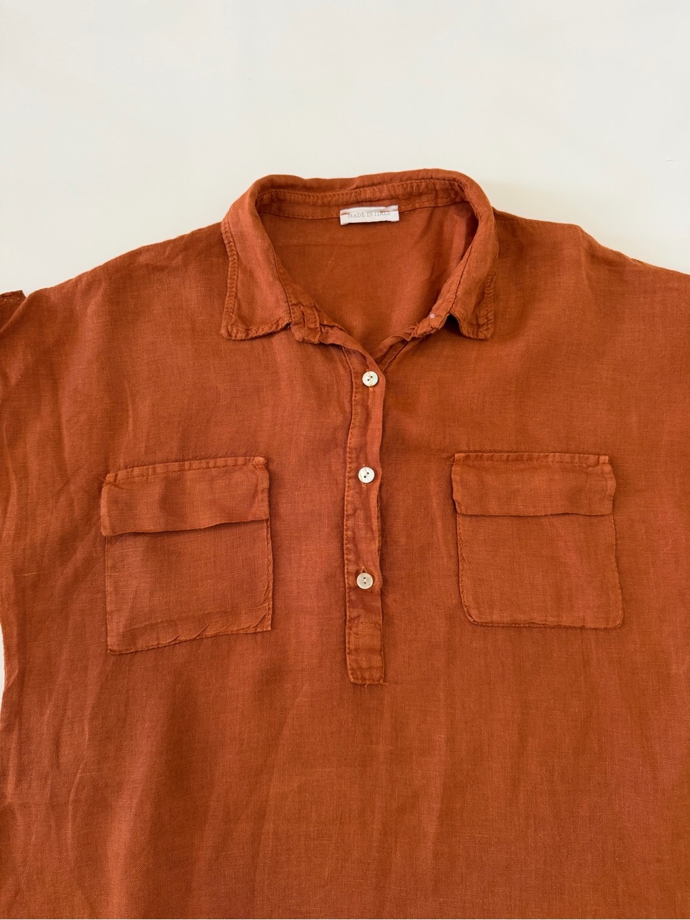 Made In Italy 100% Linen Women’s Shirt Dress Button-Front Short Sleeve Rust - Picture 4 of 7